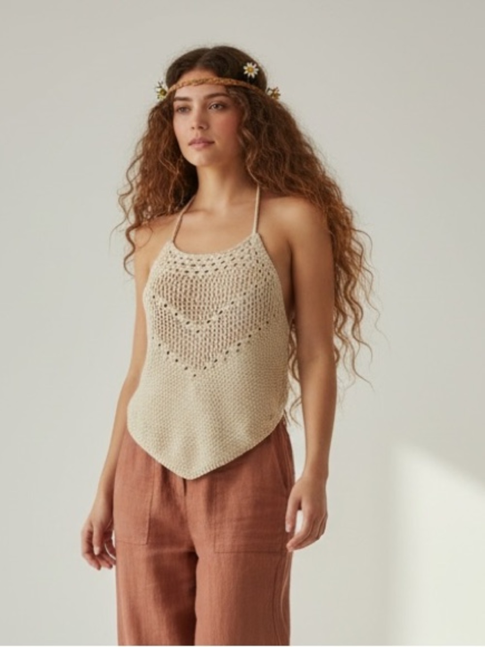Garage Crochet Knit Handkerchief Cami Top - Oatmeal - Size M